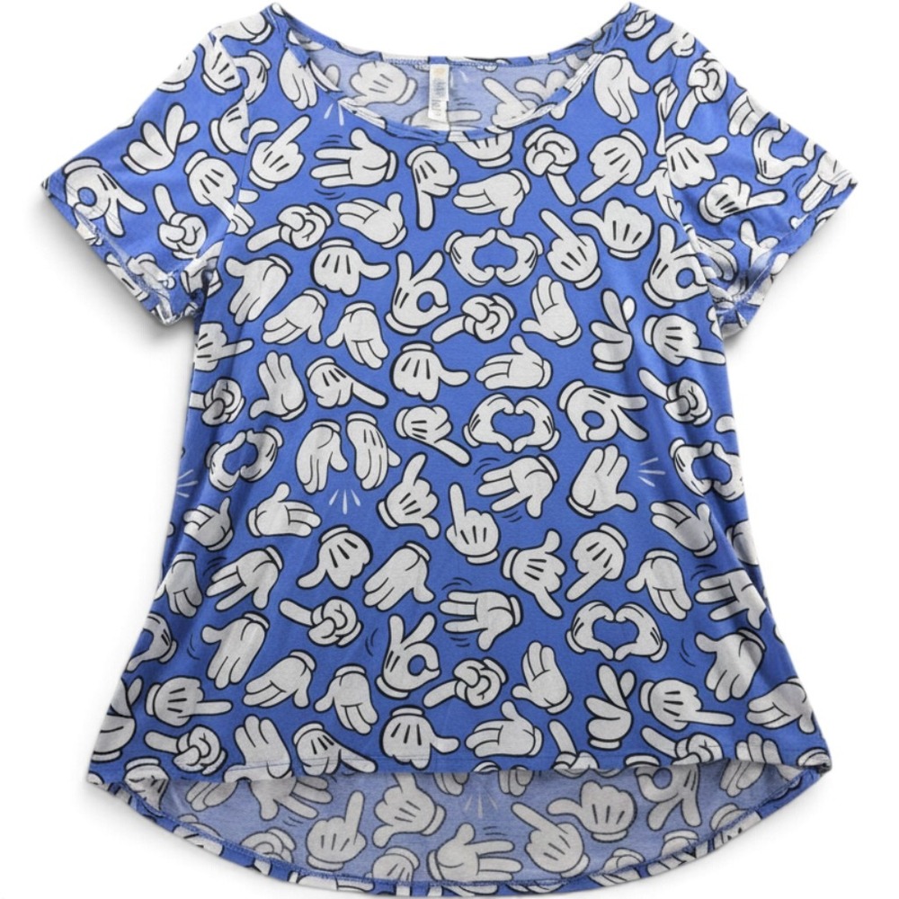 LuLaRoe XL Blue Cartoon Glove Hand Gesture Print High Low Scoop Neck Top Shirt